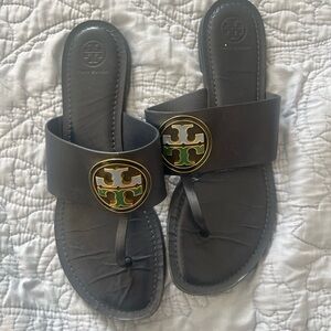 Tory Burch Navy Blue Leather Logo Thong Sandals